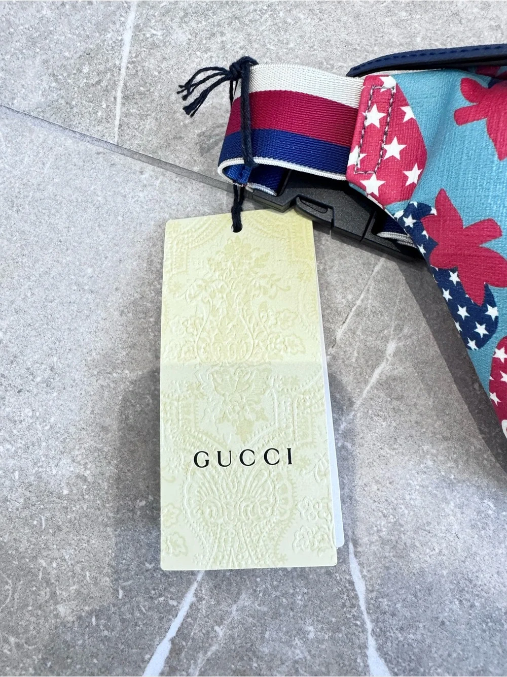 Gucci Blue, Red & White Strawberry Print Crossbody Belt Bag